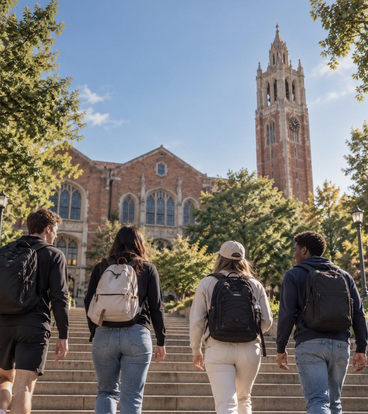 Four students with backpacks walking up the steps to a college campus