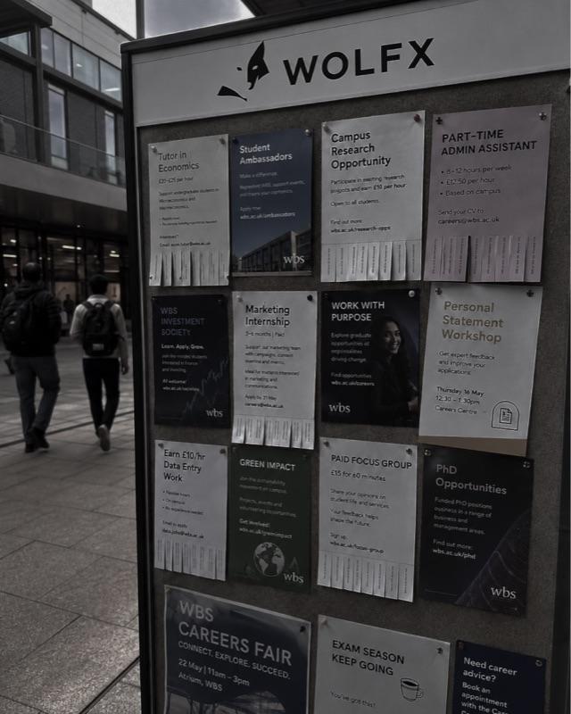 A WolfX noticeboard of job and internship listings on campus
