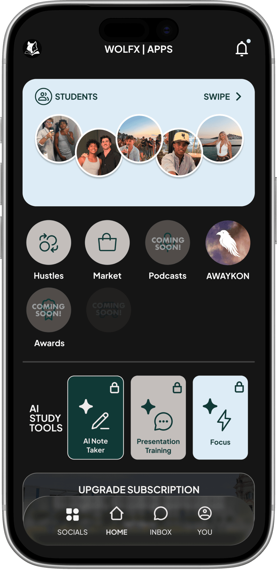 The WolfX apps home screen on an iPhone