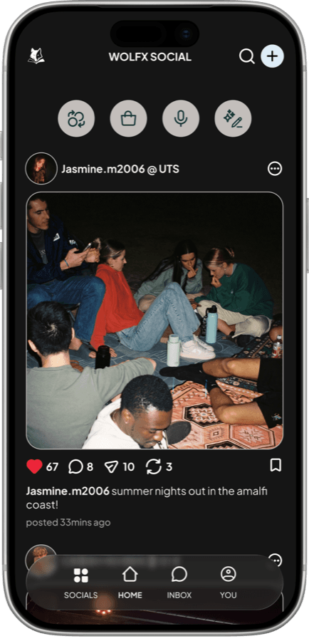 The WolfX Social feed on an iPhone