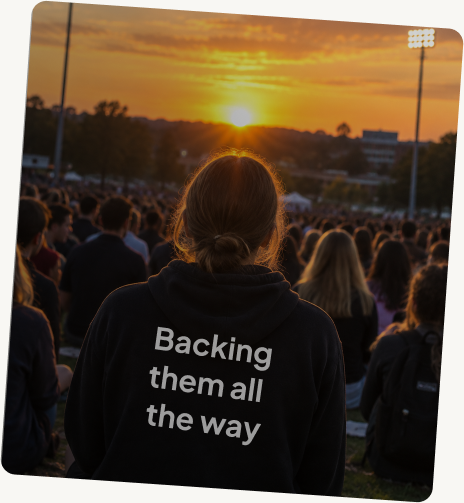 A student in a hoodie reading Backing them all the way, watching the sun set over a crowd